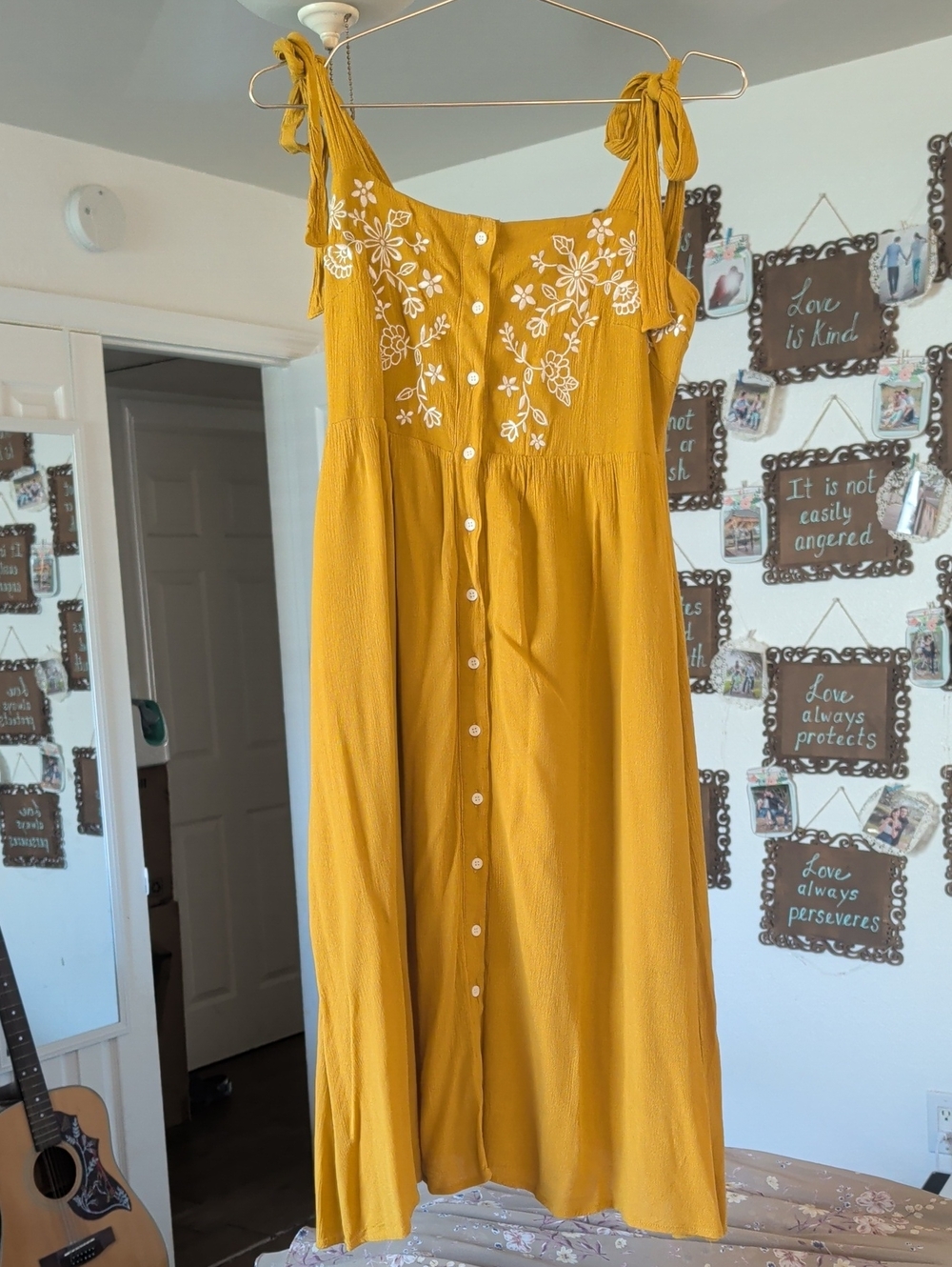Mustard Yellow Floral Embroidered Tie-Shoulder Sundress